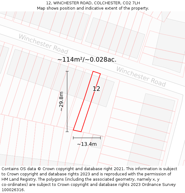 12, WINCHESTER ROAD, COLCHESTER, CO2 7LH: Plot and title map