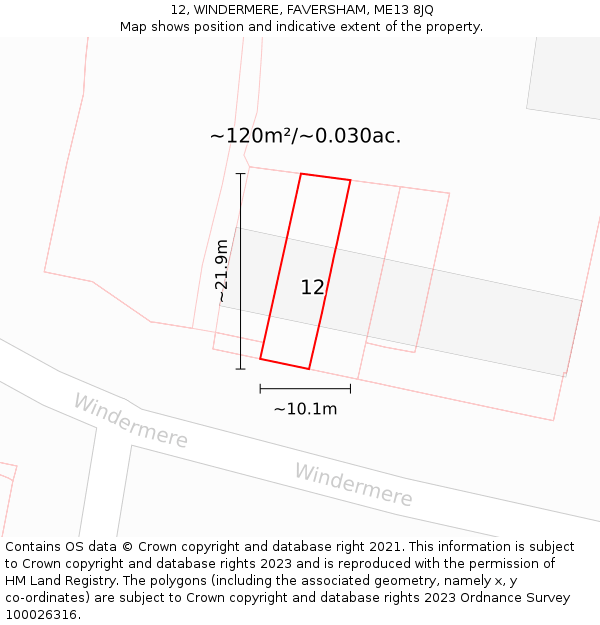 12, WINDERMERE, FAVERSHAM, ME13 8JQ: Plot and title map