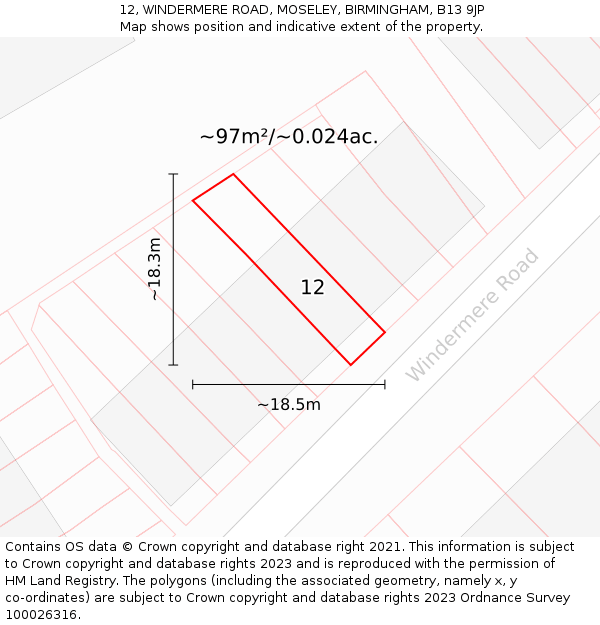 12, WINDERMERE ROAD, MOSELEY, BIRMINGHAM, B13 9JP: Plot and title map