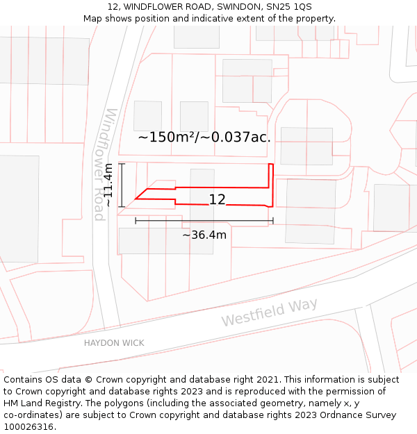 12, WINDFLOWER ROAD, SWINDON, SN25 1QS: Plot and title map