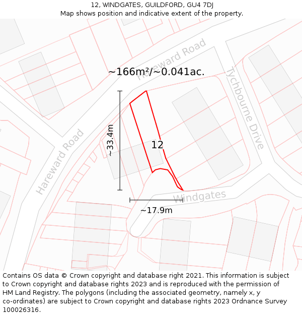12, WINDGATES, GUILDFORD, GU4 7DJ: Plot and title map
