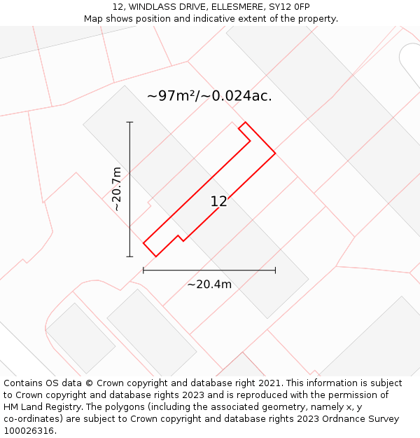 12, WINDLASS DRIVE, ELLESMERE, SY12 0FP: Plot and title map