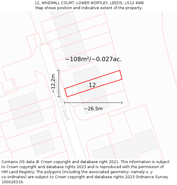 12, WINDMILL COURT, LOWER WORTLEY, LEEDS, LS12 4WB: Plot and title map