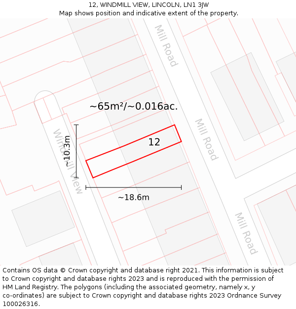 12, WINDMILL VIEW, LINCOLN, LN1 3JW: Plot and title map