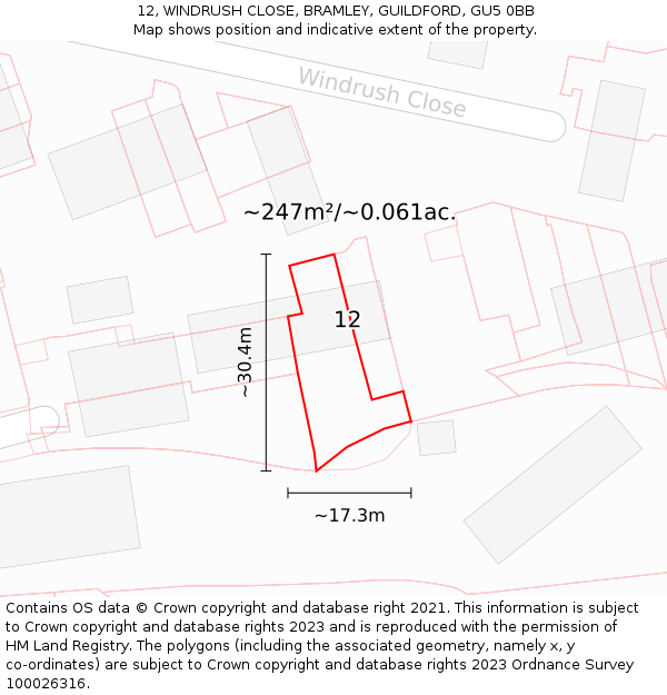 12, WINDRUSH CLOSE, BRAMLEY, GUILDFORD, GU5 0BB: Plot and title map