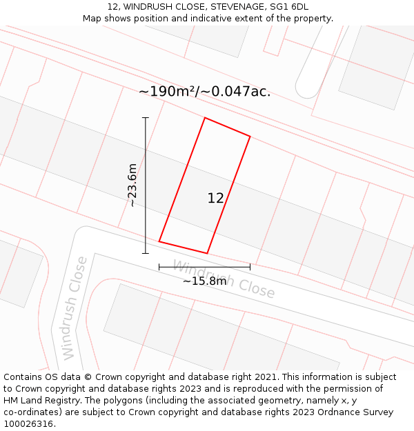 12, WINDRUSH CLOSE, STEVENAGE, SG1 6DL: Plot and title map