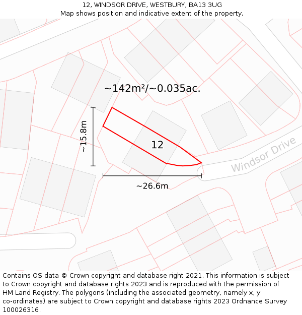12, WINDSOR DRIVE, WESTBURY, BA13 3UG: Plot and title map