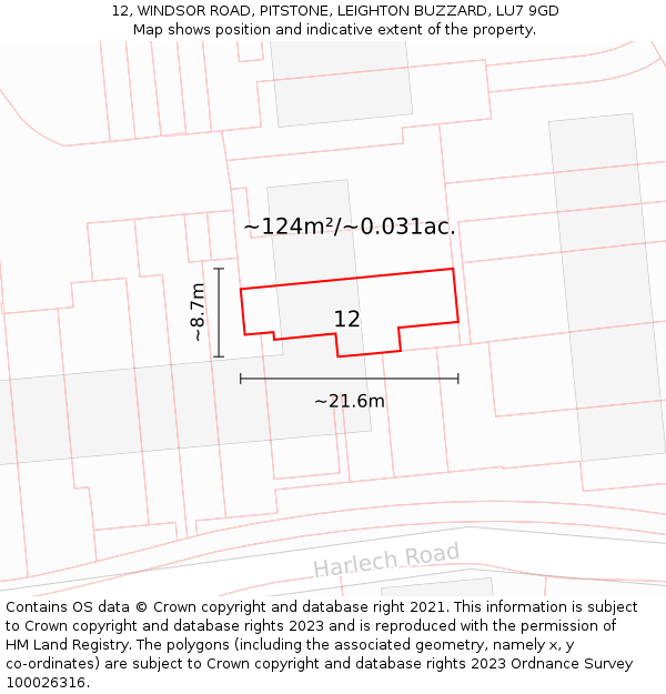 12, WINDSOR ROAD, PITSTONE, LEIGHTON BUZZARD, LU7 9GD: Plot and title map