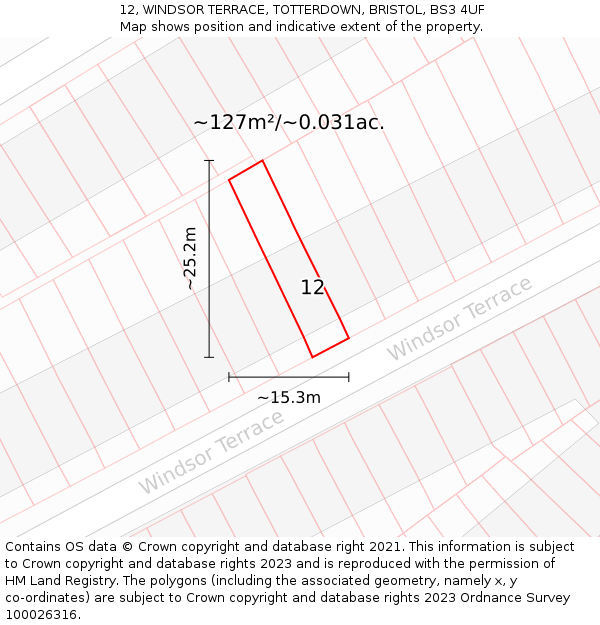 12, WINDSOR TERRACE, TOTTERDOWN, BRISTOL, BS3 4UF: Plot and title map