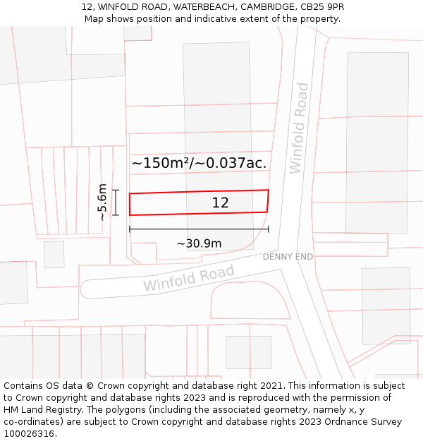 12, WINFOLD ROAD, WATERBEACH, CAMBRIDGE, CB25 9PR: Plot and title map