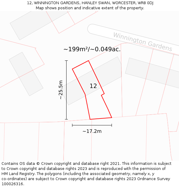 12, WINNINGTON GARDENS, HANLEY SWAN, WORCESTER, WR8 0DJ: Plot and title map