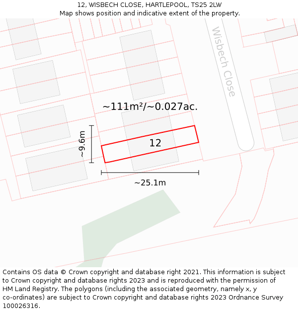 12, WISBECH CLOSE, HARTLEPOOL, TS25 2LW: Plot and title map