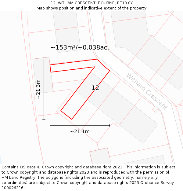 12, WITHAM CRESCENT, BOURNE, PE10 0YJ: Plot and title map