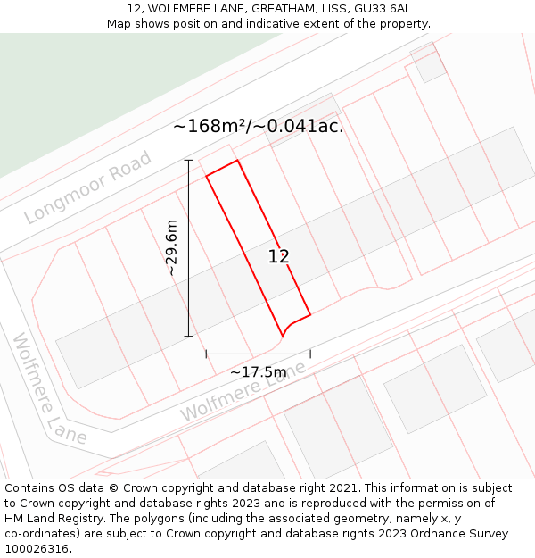12, WOLFMERE LANE, GREATHAM, LISS, GU33 6AL: Plot and title map