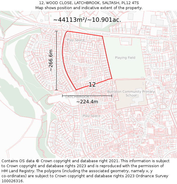 12, WOOD CLOSE, LATCHBROOK, SALTASH, PL12 4TS: Plot and title map
