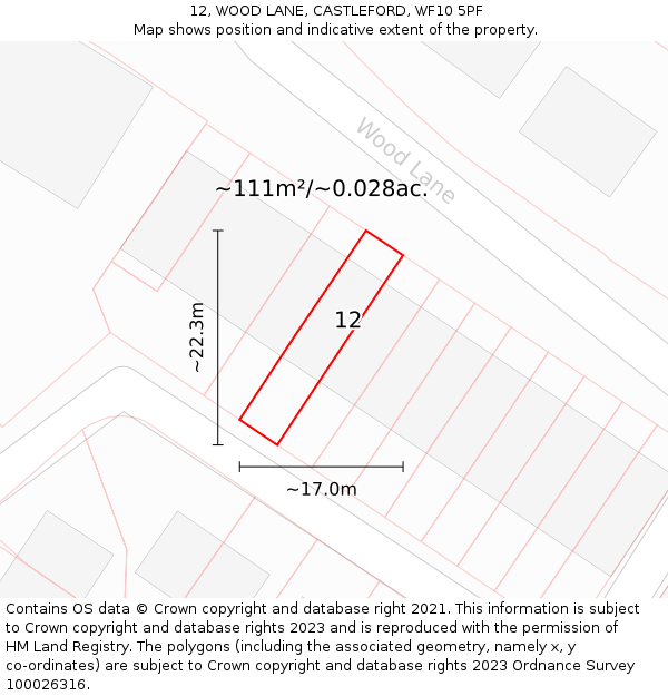 12, WOOD LANE, CASTLEFORD, WF10 5PF: Plot and title map