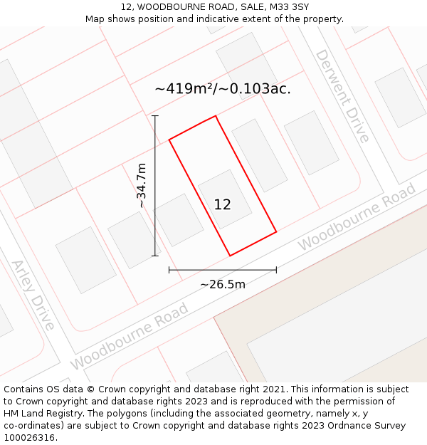 12, WOODBOURNE ROAD, SALE, M33 3SY: Plot and title map