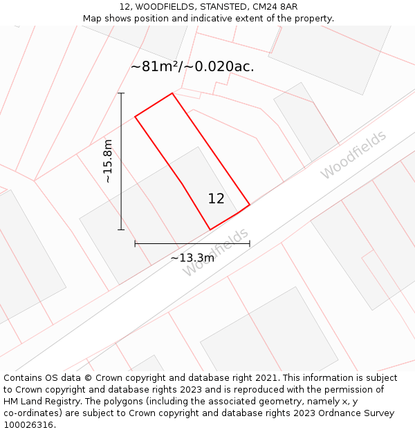 12, WOODFIELDS, STANSTED, CM24 8AR: Plot and title map