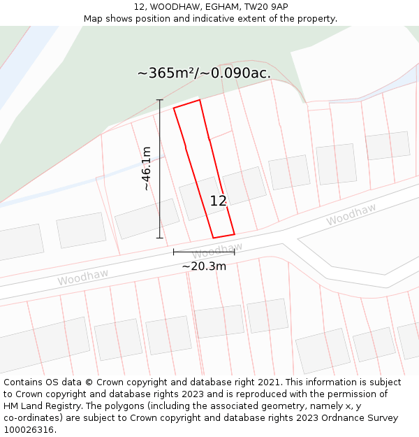 12, WOODHAW, EGHAM, TW20 9AP: Plot and title map