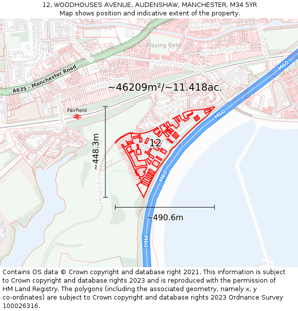 12, WOODHOUSES AVENUE, AUDENSHAW, MANCHESTER, M34 5YR: Plot and title map