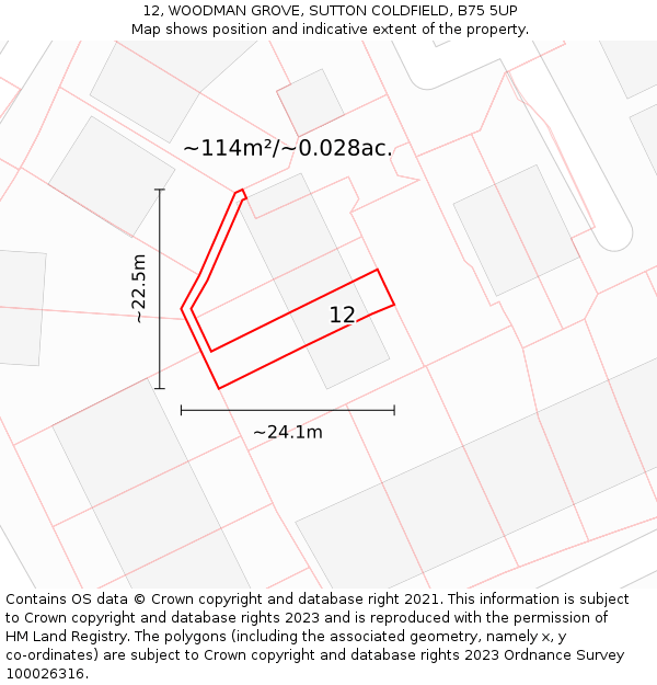 12, WOODMAN GROVE, SUTTON COLDFIELD, B75 5UP: Plot and title map