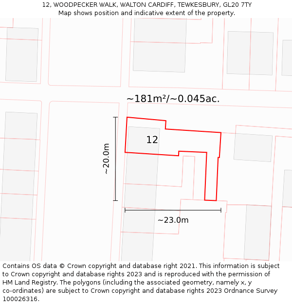 12, WOODPECKER WALK, WALTON CARDIFF, TEWKESBURY, GL20 7TY: Plot and title map