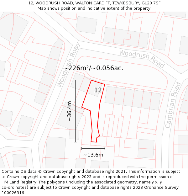 12, WOODRUSH ROAD, WALTON CARDIFF, TEWKESBURY, GL20 7SF: Plot and title map