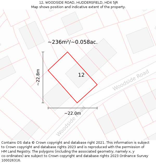 12, WOODSIDE ROAD, HUDDERSFIELD, HD4 5JR: Plot and title map