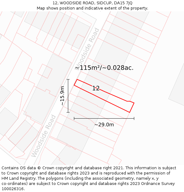 12, WOODSIDE ROAD, SIDCUP, DA15 7JQ: Plot and title map