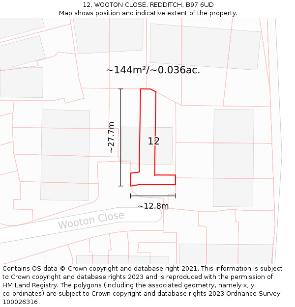 12, WOOTON CLOSE, REDDITCH, B97 6UD: Plot and title map