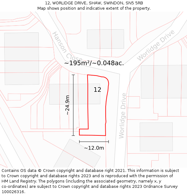 12, WORLIDGE DRIVE, SHAW, SWINDON, SN5 5RB: Plot and title map