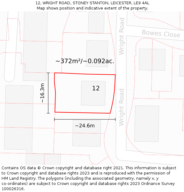 12, WRIGHT ROAD, STONEY STANTON, LEICESTER, LE9 4AL: Plot and title map