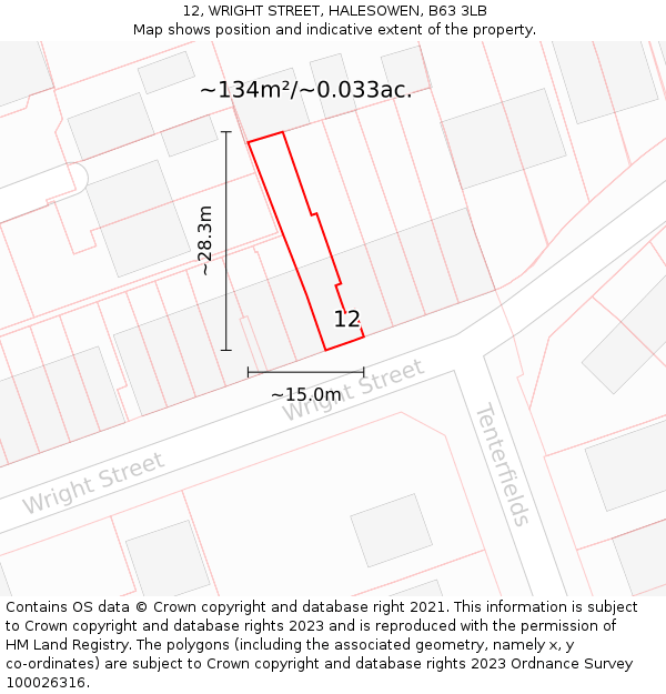 12, WRIGHT STREET, HALESOWEN, B63 3LB: Plot and title map