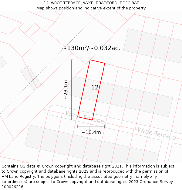 12, WROE TERRACE, WYKE, BRADFORD, BD12 8AE: Plot and title map
