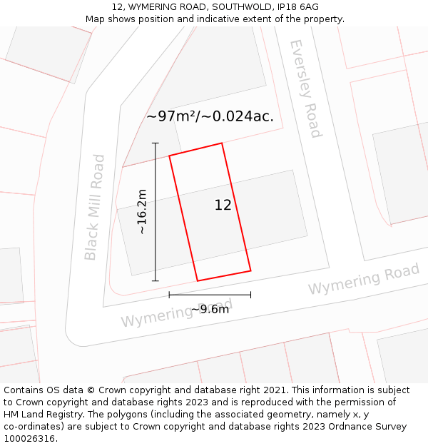 12, WYMERING ROAD, SOUTHWOLD, IP18 6AG: Plot and title map