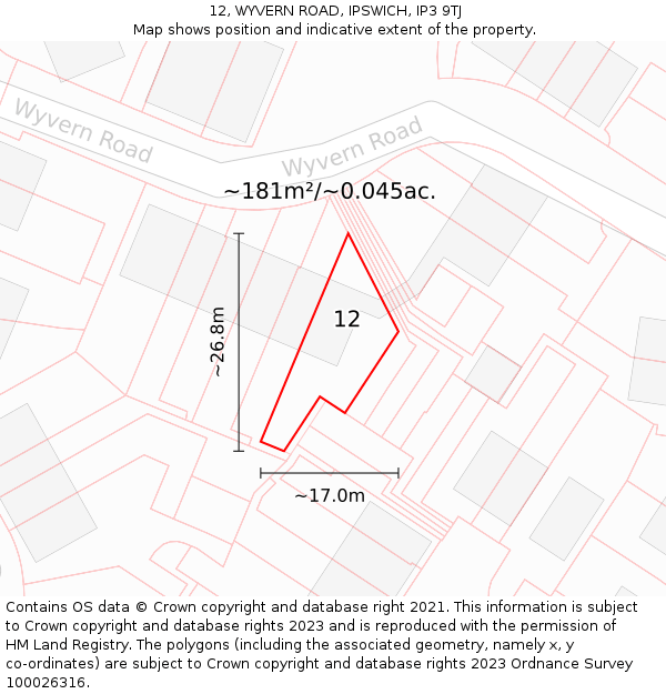 12, WYVERN ROAD, IPSWICH, IP3 9TJ: Plot and title map