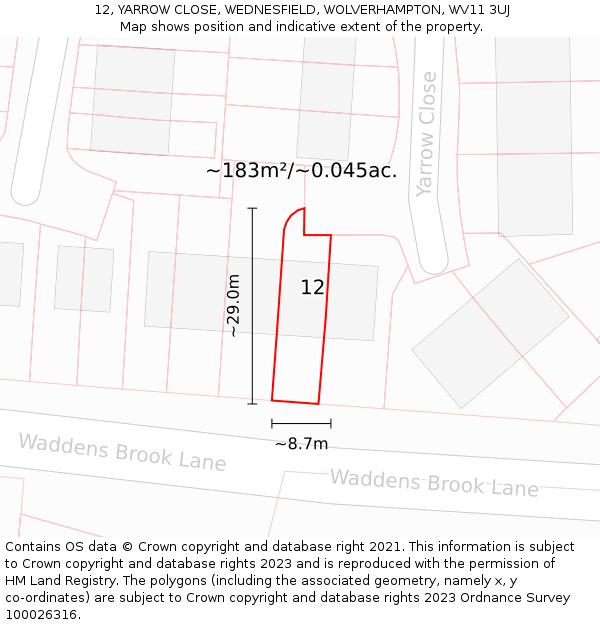 12, YARROW CLOSE, WEDNESFIELD, WOLVERHAMPTON, WV11 3UJ: Plot and title map