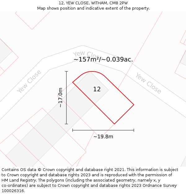 12, YEW CLOSE, WITHAM, CM8 2PW: Plot and title map