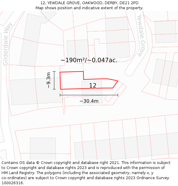 12, YEWDALE GROVE, OAKWOOD, DERBY, DE21 2PD: Plot and title map