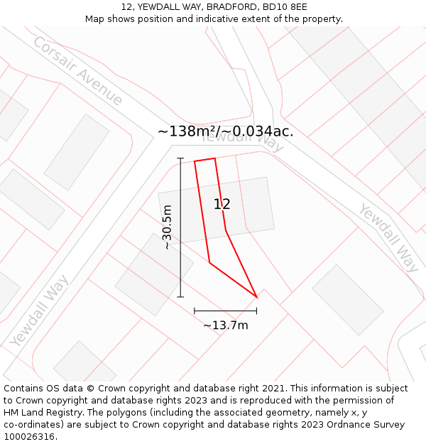 12, YEWDALL WAY, BRADFORD, BD10 8EE: Plot and title map