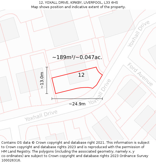 12, YOXALL DRIVE, KIRKBY, LIVERPOOL, L33 4HS: Plot and title map