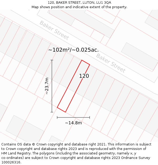 120, BAKER STREET, LUTON, LU1 3QA: Plot and title map