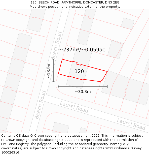 120, BEECH ROAD, ARMTHORPE, DONCASTER, DN3 2EG: Plot and title map