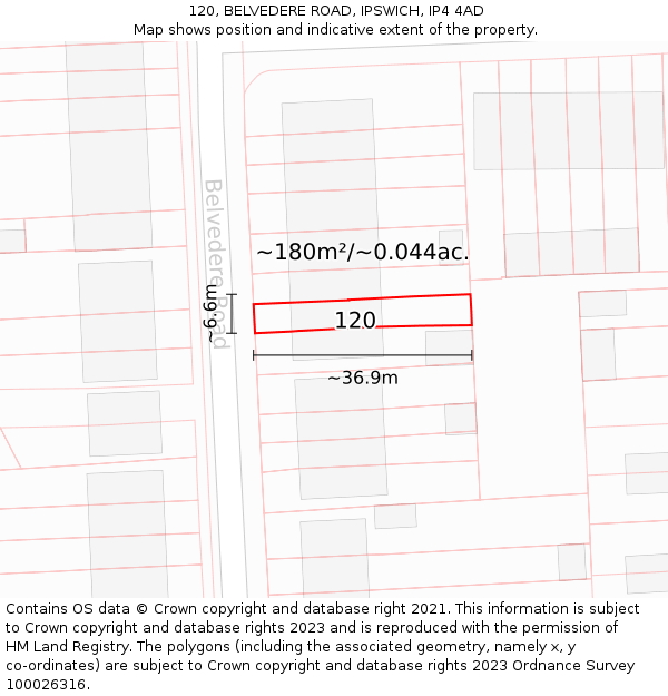 120, BELVEDERE ROAD, IPSWICH, IP4 4AD: Plot and title map