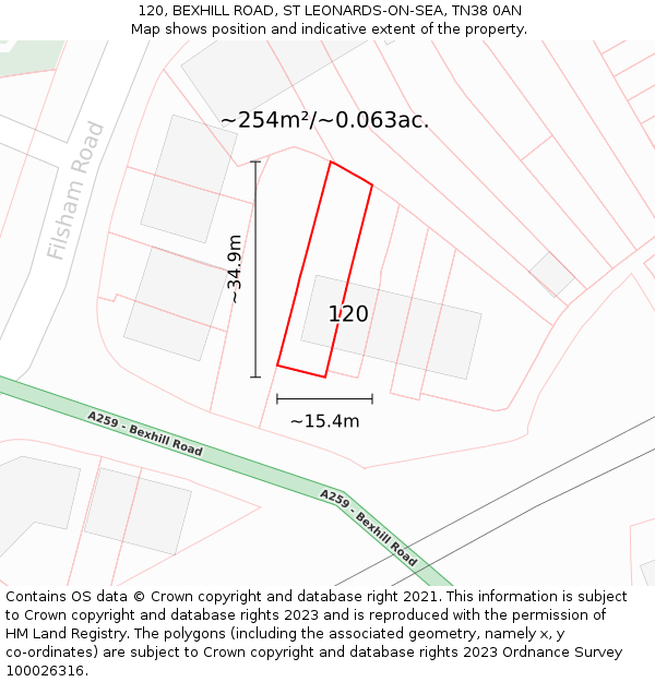 120, BEXHILL ROAD, ST LEONARDS-ON-SEA, TN38 0AN: Plot and title map