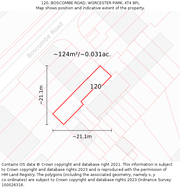 120, BOSCOMBE ROAD, WORCESTER PARK, KT4 8PL: Plot and title map