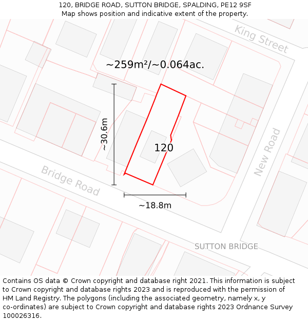 120, BRIDGE ROAD, SUTTON BRIDGE, SPALDING, PE12 9SF: Plot and title map