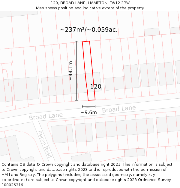 120, BROAD LANE, HAMPTON, TW12 3BW: Plot and title map