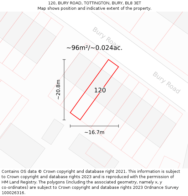 120, BURY ROAD, TOTTINGTON, BURY, BL8 3ET: Plot and title map