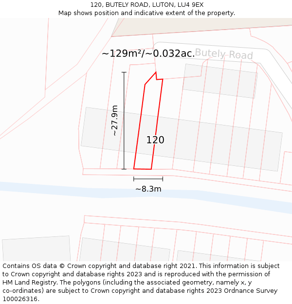 120, BUTELY ROAD, LUTON, LU4 9EX: Plot and title map